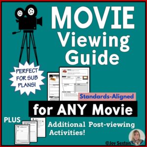 Show movies in class while student practice meaningful ELA literacy skills with this Movie Guide. Standards-based activities for any movie, perfect for middle or high school. www.TeachingElaWithJoy.com #elamovies #movieguide #middleschoolela #secondaryela