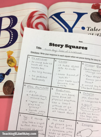 The "Story Squares" activity keeps students focused during whole-class literature instruction. Free resource for middle school - TeachingELAwithJoy.com