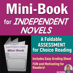 Here's a fun mini-book assignment for independent reading perfect for middle school students. Students create mini-books and reflect on their novels' setting, characters, plot, and more. TeachingELAwithJoy.com #independentreading #middle school novels #YAnovels #middleschoolela
