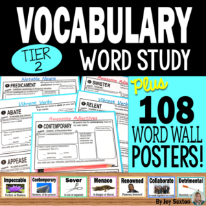 Vocabulary Word Study BUNDLE with Word Wall Posters and Quizzes 6 - 9 - Teach your students meaningful Tier 2 words with engaging activities, assessments, and visuals!