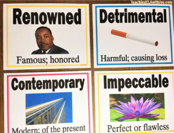 Vocabulary Word Walls help students to use higher-level words in their writing. A 108-word study complete with engaging activities and word wall posters. #VocabularyActivities #MiddleSchoolEnglish