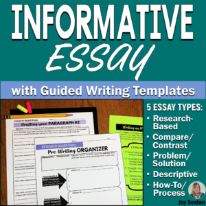 Teach the informative essay with step-by-step guided writing templates for all paragraphs. Students will appreciate mentor texts for all 5 types of essays including research-based. Vivid graphic organizers and rubrics are perfect for middle school ELA!