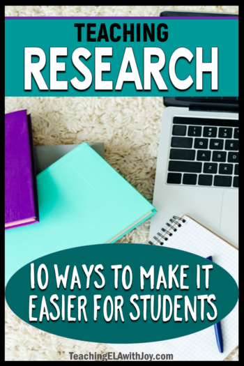 Need teaching ideas to help students succeed on research assignments? Read about 10 ideas that will make teaching research easier and more manageable. TeachingELAwithJoy.com #research #researchprojects #middleschoolenglish