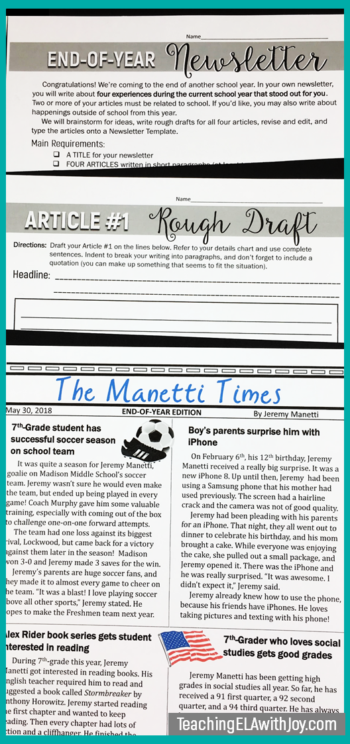 This End-of-the-Year Newsletter Writing Project will excite your students as they reflect on memorable experiences from their school year. Editable writing template for differentiation! Middle school English #endofyear #middleschoolela