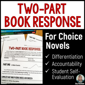 If your students are reading independent novels, here's a simple book response assignment to assess their understanding. Students summarize key events and express personal reactions with differentiation included. TeachingELAwithJoy.com #bookresponse #independentreading #middleschoolenglish