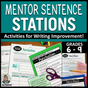 These mentor sentence stations provide fun group writing activities based on mentor sentences from popular young adult novels. Perfect for engagement and differentiation in the middle or high school ELA classroom! #mentorsentences #middleschoolela #middleschoolwriting 