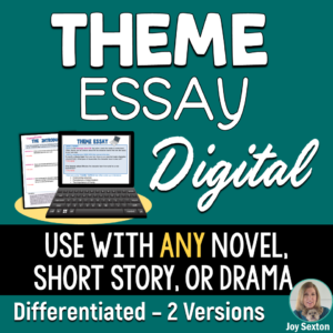Here's a step-by-step theme essay resource that's digital! Colorful slides with graphic organizers guide students as they type on their devices. Perfect for the 1:1 middle or high school ELA classroom. #themeessaydigital #ELAdigitalresources #middleschoolela #middleschoolwriting