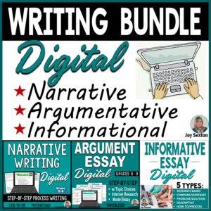 This digital writing bundle will be perfect for distance learning or in your 1:1 ELA classroom. Step-by-step writing templates guide students in writing narrative, argumentative, and informational essays. Remote teaching is easy as students can self pace. Mentor texts included. #distancelearning #remoteteaching #middleschoolela