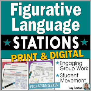 These figurative language stations will be engaging for your students in class or with distance learning! Creative group work allows students to immerse themselves in figurative language and sound devices in fun ways. Great review or ELA test prep, perfect for middle school. #figurativelanguage #poetryterms